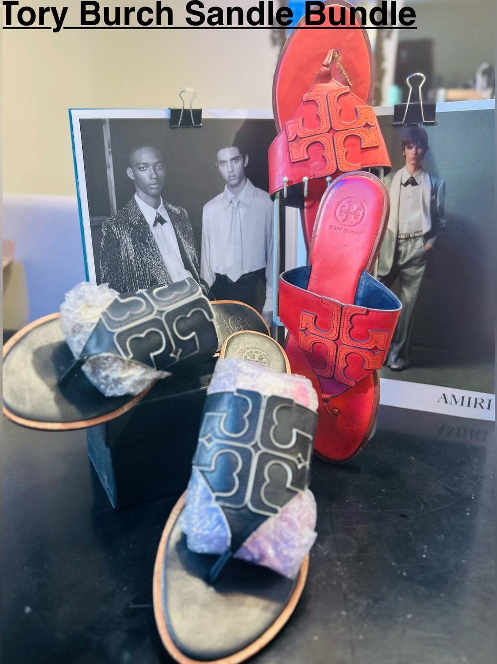 Tory Burch Red and Black Logo Slide Sandal Duo Bundle(Red/Orange Free w Flaw)